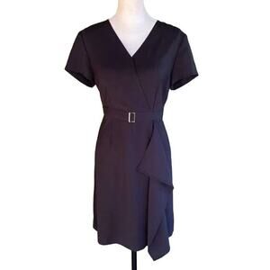 Ming Wang Women's Black Surplice Belted Faux Wrap Dress Size Small V-Neck Luxe